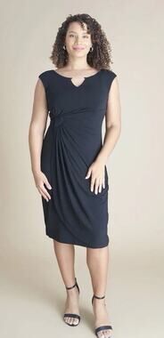 Connected Apparel Lisa Navy Dress Sz 16 Faux Wrap Stretch Knit Cocktail Wedding